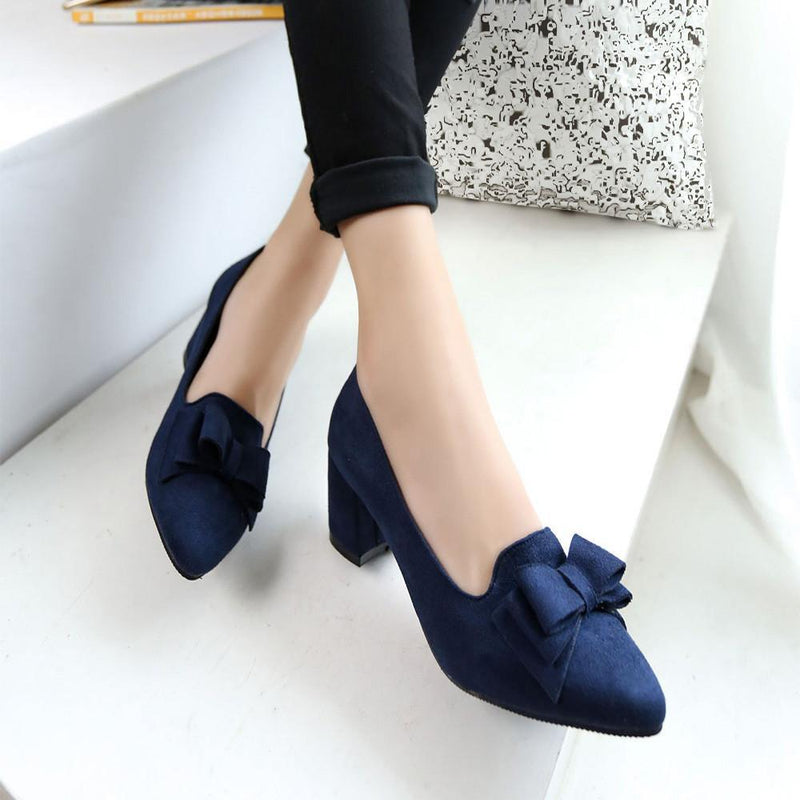 Candy Color Women Pumps Shallow Color Women's Bowknot Suede Block Thick High Heels Shoes Bowtie Working Shoes-Navy Blue-37-JadeMoghul Inc.
