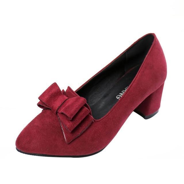Candy Color Women Pumps Shallow Color Women's Bowknot Suede Block Thick High Heels Shoes Bowtie Working Shoes-Wine Red-37-JadeMoghul Inc.
