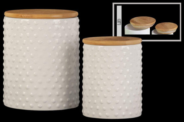 CANISTER SETS Round Ceramic Canister With Pimpled Pattern, Set of 2, White Benzara
