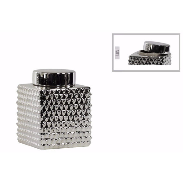 Canisters Short Square Canister Round Lid Polygonal Design, Small-Silver-Benzara Benzara