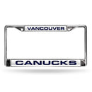 CANUCKS ® LASER CHROME FRAME - WHITE BACKGROUND WITH NAVY LETTERS-FCL Chrome Laser License Frame-JadeMoghul Inc.