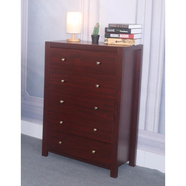Capacious 5 Drawer Chest With Metal Glides And Brass Knob, Dark Brown Finish.-Accent Chests and Cabinets-Cherry Brown-METAL WOOD-JadeMoghul Inc.