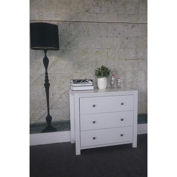 Capacious Shiny White Finish 3 Drawers Chest With Metal Glides.-Accent Chests and Cabinets-White-METAL WOOD-JadeMoghul Inc.