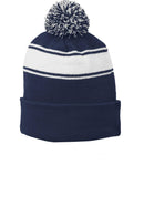 Caps Sport-Tek Stripe Pom Pom Beanie.  STC28 Sport-Tek