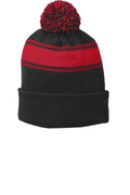 Caps Sport-Tek Stripe Pom Pom Beanie.  STC28 Sport-Tek