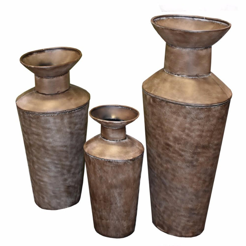Captivating 3 Piece Metal Planter, Brown-Indoor Pots and Planters-Brown-METAL-JadeMoghul Inc.