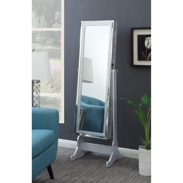 Captivating Jewelry Cheval Mirror With Interior Storage, Silver-Jewelry Boxes and Organizers-Silver-Wood & Glass-JadeMoghul Inc.