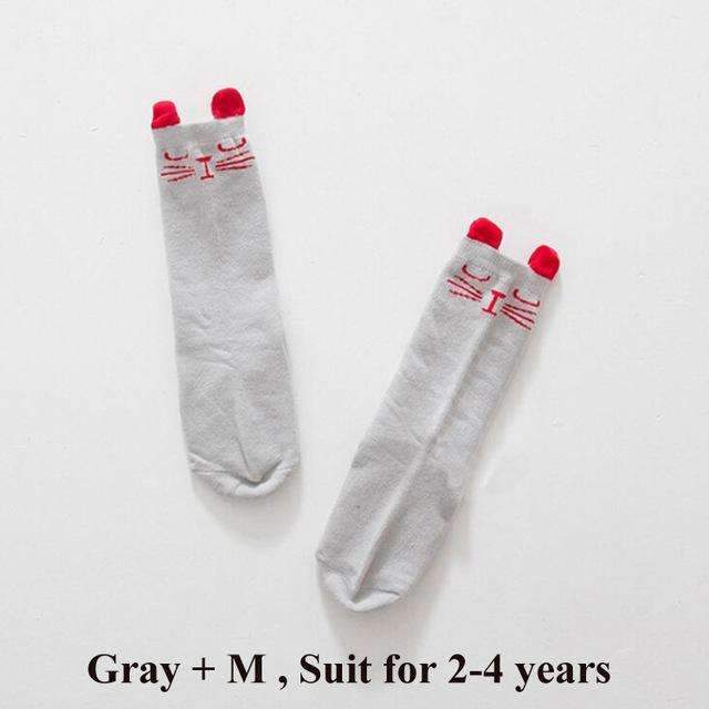Cartoon Fox Baby Socks with Ears Cotton Kids Girl Boy Knee High Socks Kids Infantil Accessories 6 Colors-Grey Cat M-JadeMoghul Inc.