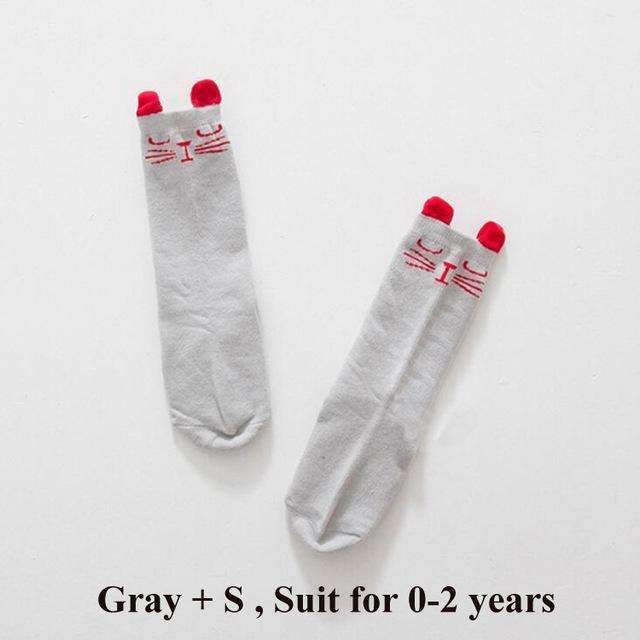 Cartoon Fox Baby Socks with Ears Cotton Kids Girl Boy Knee High Socks Kids Infantil Accessories 6 Colors-Grey Cat S-JadeMoghul Inc.