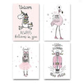 Cartoon Girl Unicorn Flamingo Poster and Print Wall Art Canvas Painting Nordic Style Nursery Picture for Living Room Home Decor-A4 21x30cm No Frame-4 pcs Set-JadeMoghul Inc.