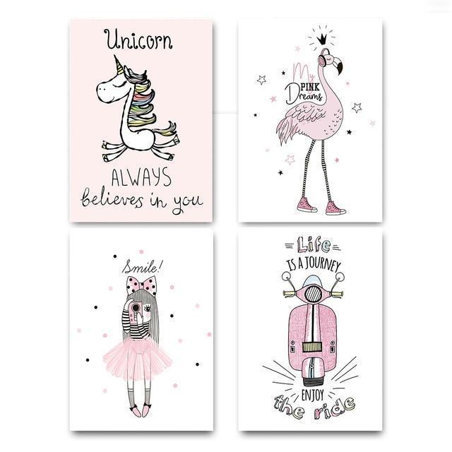 Cartoon Girl Unicorn Flamingo Poster and Print Wall Art Canvas Painting Nordic Style Nursery Picture for Living Room Home Decor-A4 21x30cm No Frame-4 pcs Set-JadeMoghul Inc.