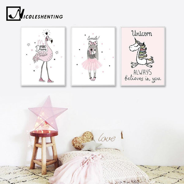 Cartoon Girl Unicorn Flamingo Poster and Print Wall Art Canvas Painting Nordic Style Nursery Picture for Living Room Home Decor-A4 21x30cm No Frame-Picture 3-JadeMoghul Inc.