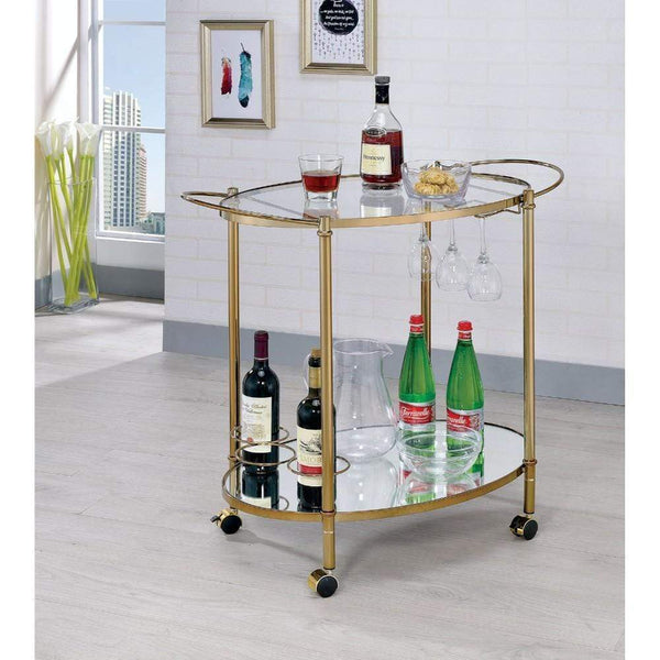 Carts Oval Shaped Two Glass Shelves Metal Serving Cart with Casters, Champagne Gold Benzara