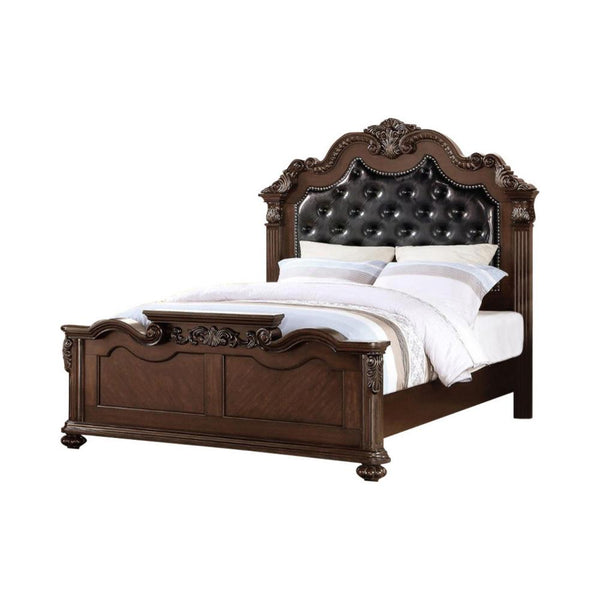 Carved & Upholstered Black PU Tufted Wooden C.King Bed Dark Walnut-Panel Beds-Brown/Black-Pine Wood Mdf W/ Cherry Veneer Faux Leather-JadeMoghul Inc.