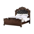 Carved & Upholstered Black PU Tufted Wooden Queen Bed Dark Walnut-Panel Beds-Dark Brown/Black-Pine Wood Mdf W/ Cherry Veneer Faux Leather-JadeMoghul Inc.