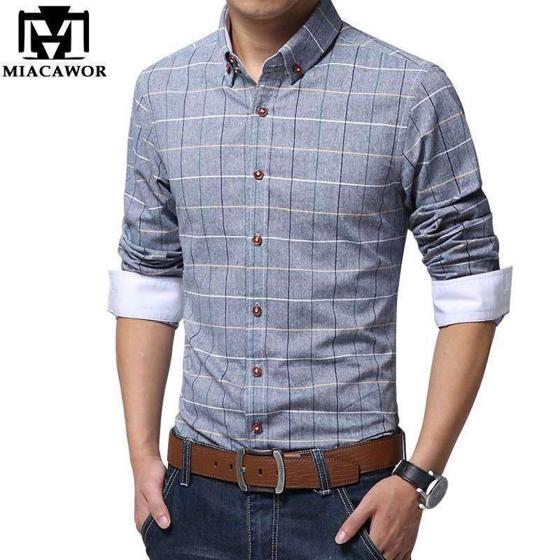 Casual Slim Fit Plaid Long Sleeve Shirt-blue gray-M-JadeMoghul Inc.