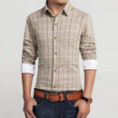 Casual Slim Fit Plaid Long Sleeve Shirt-Khaki-M-JadeMoghul Inc.