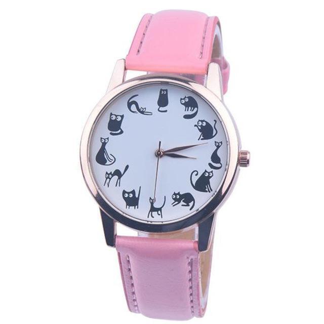 Casual Watch - Women Lovely Cat Leather Sport Quartz Wrist Watch-Pink-JadeMoghul Inc.