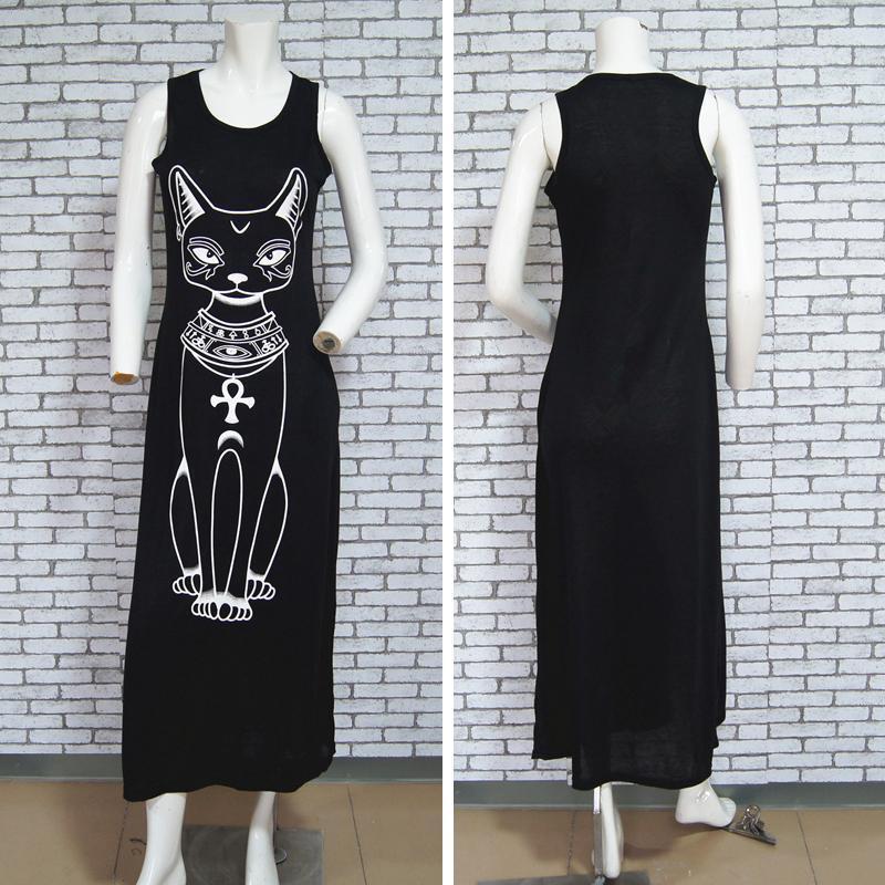 Cat Print Long Maxi Dress - Vintage Evening Party Dress-Gray-S-JadeMoghul Inc.