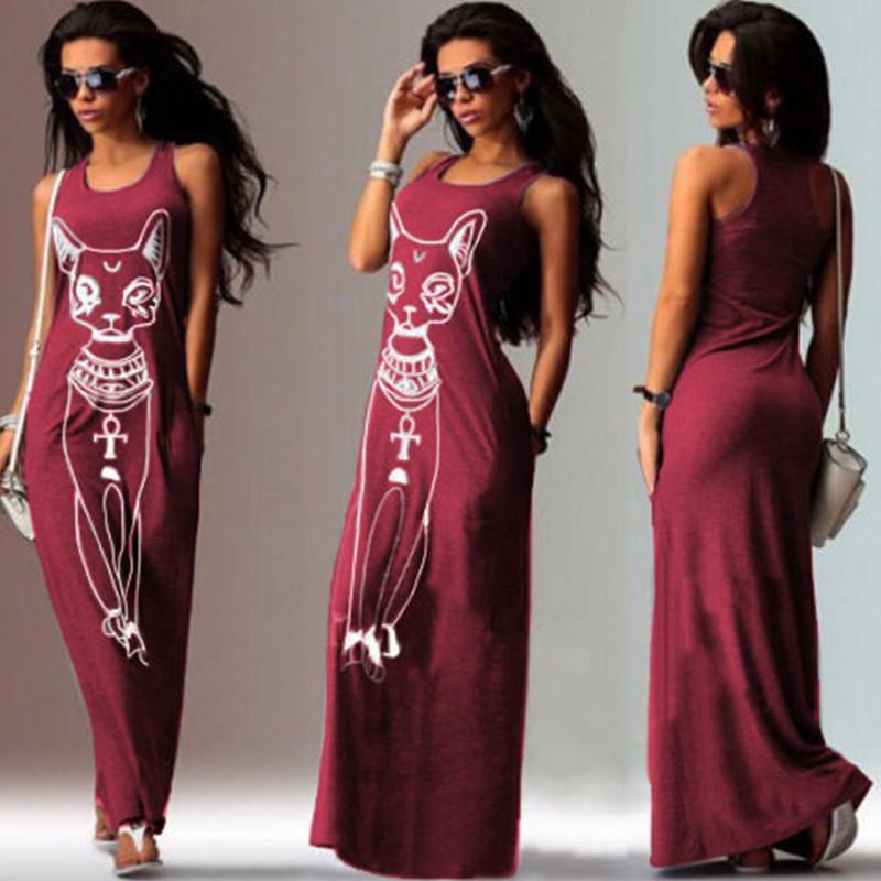 Cat Print Long Maxi Dress - Vintage Evening Party Dress-Red-S-JadeMoghul Inc.