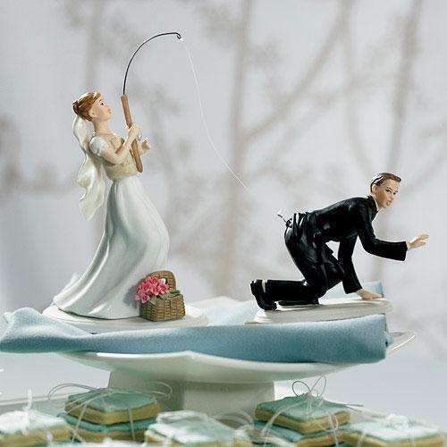 Catch of the Day Bride and Groom Cake Topper "Fishing" Bride Caucasian (Pack of 1)-Wedding Cake Toppers-JadeMoghul Inc.