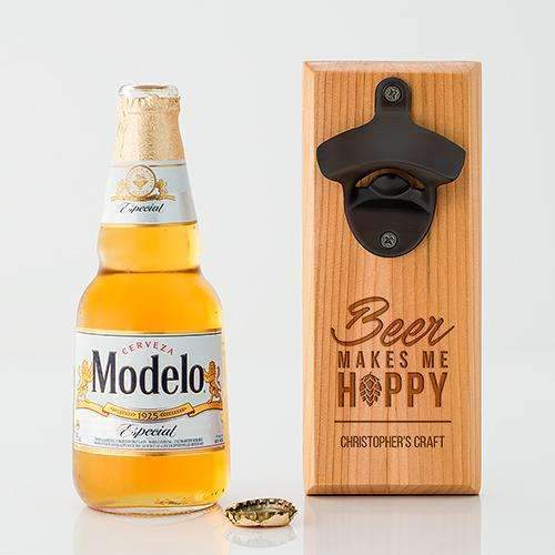 Cedar Wood Wall Mount Bottle Opener - Beer Makes Me Hoppy Etching (Pack of 1)-Personalized Gifts For Men-JadeMoghul Inc.
