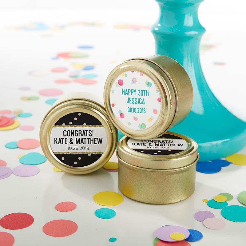 Celebration Party Supplies Personalized Gold Round Candy Tin - Party Time (2 Sets of 12) Kate Aspen