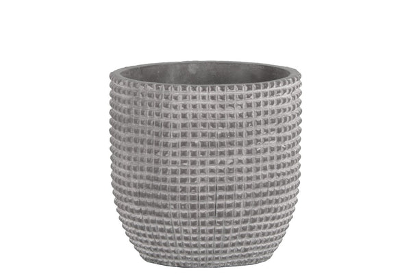 Cement Engraved Square Lattice Design Pot With Tapered Bottom, Medium, Light Gray-Home Accent-Gray-Cement-Natural Finish-JadeMoghul Inc.