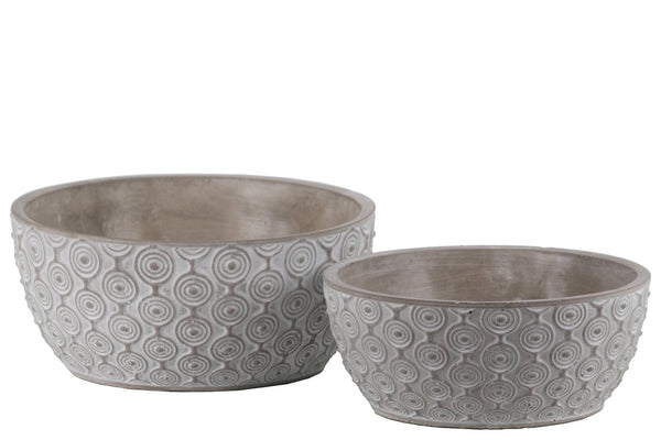 Cement Low Round Embossed Concentric Circle Design Pot, Set of 2, Gray-Home Accent-Gray-Cement-Washed Finish-JadeMoghul Inc.