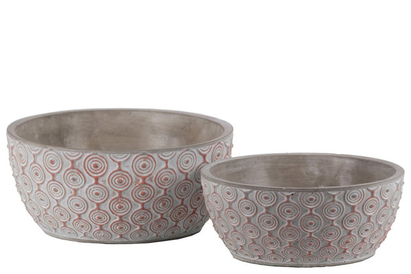 Cement Low Round Embossed Concentric Circle Design Pot, Set of 2, Vermillion-Home Accent-Red-Cement-Washed Finish-JadeMoghul Inc.