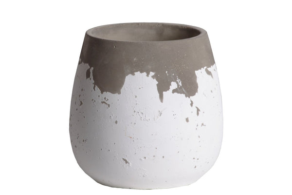 Cement Round Bellied Pot With Irregular Gray Band Rim Top, Small, White-Home Accent-White-Cement-Painted Finish-JadeMoghul Inc.