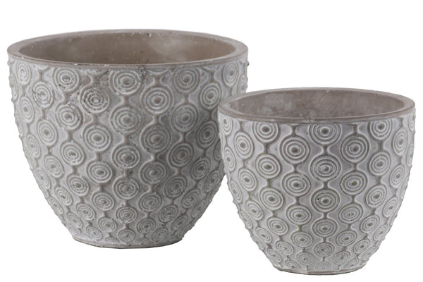 Cement Round Embossed Concentric Circle Design Pot, Set of 2, Gray-Home Accent-Gray-Cement-Washed Finish-JadeMoghul Inc.