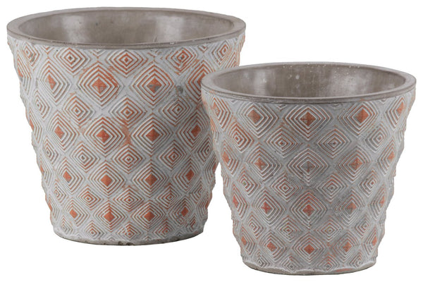 Cement Round Embossed Concentric Diamond Design Pot, Set of 2, Vermillion-Home Accent-Red-Cement-Washed Finish-JadeMoghul Inc.