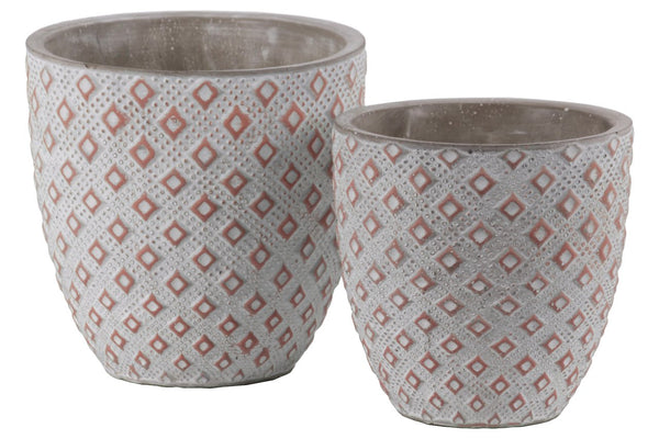 Cement Round Embossed Diamond Design Pot, Set of 2, Vermillion-Home Accent-Red-Cement-Washed Finish-JadeMoghul Inc.