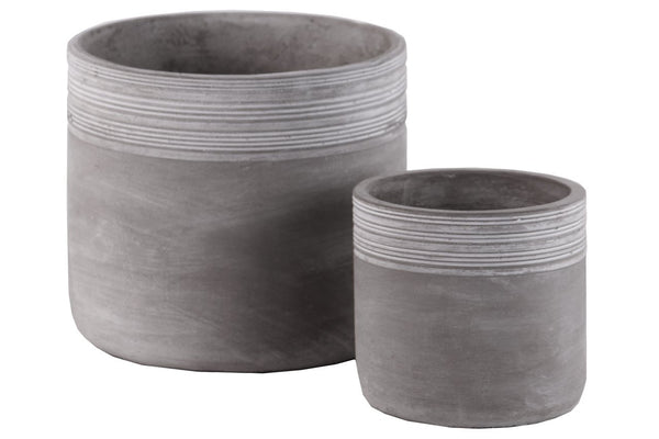 Cement Round Pot With Ribbed Band Rim Top, Set of 2, Gray-Home Accent-Gray-Cement-Natural Finish-JadeMoghul Inc.