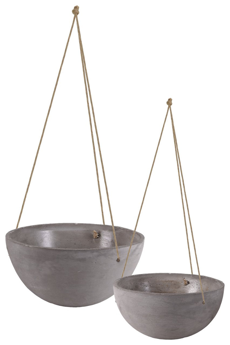 Cement Round Pot With Rope Hanger In Concrete Finish, Set Of 2, Gray-Home Accent-Gray-Cement-Concrete Finish-JadeMoghul Inc.