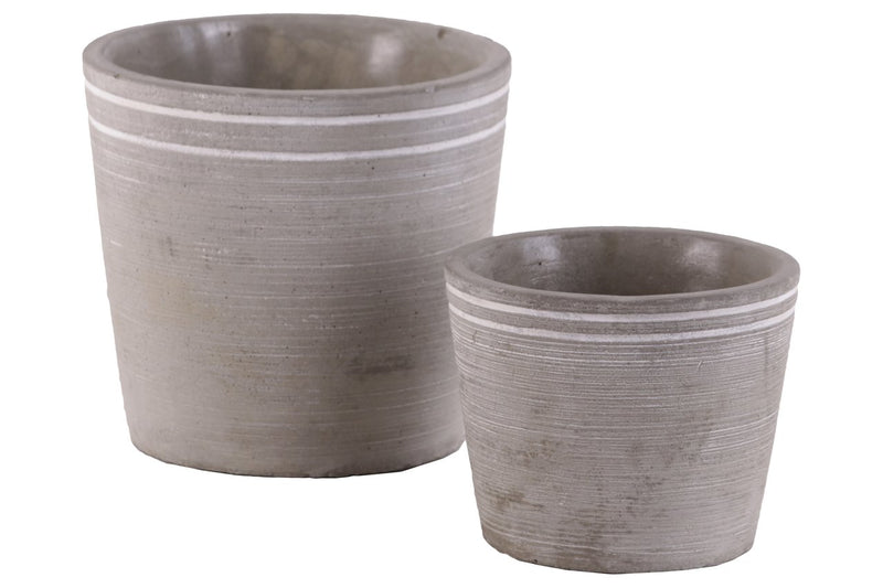 Cement Small Round White Banded Rim Pot With Tapered Bottom, Set of Two, Gray-Home Accent-Gray-Cement-JadeMoghul Inc.