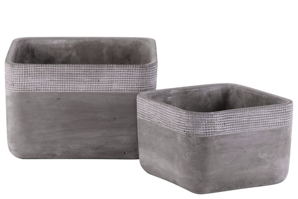 Cement Square Pot With Brushed Band Rim Top, Set of 2, Gray-Home Accent-Gray-Cement-Natural Finish-JadeMoghul Inc.