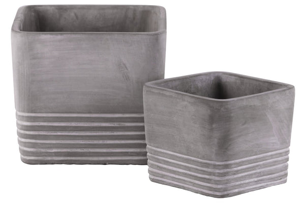 Cement Square Pot With Ribbed Band Rim Top, Set of 2, Gray-Home Accent-Gray-Cement-Natural Finish-JadeMoghul Inc.