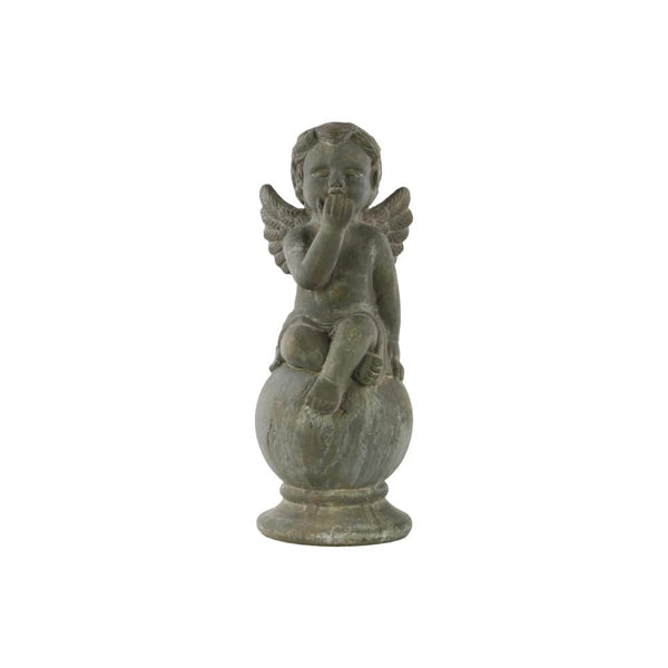 Cemented Sitting Cherub Figurine On Spherical Pedestal, Gray-Statues-Gray-Cement-Concrete Gray-JadeMoghul Inc.