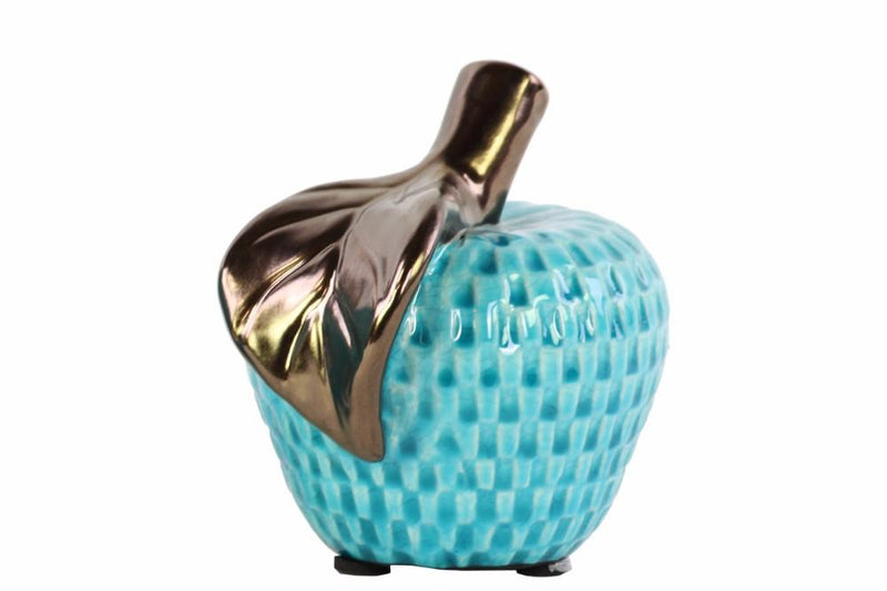 Ceramic Apple Figurine With Checkered Pattern, Turquoise Blue And Bronze-Statues-Blue And Bronze-Ceramic-Glossy Turquoise-JadeMoghul Inc.