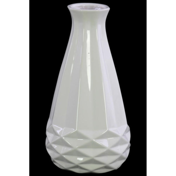 Ceramic Bellied Round Vase with Geometric Pattern, Glossy White-Vases-White-Ceramic-JadeMoghul Inc.