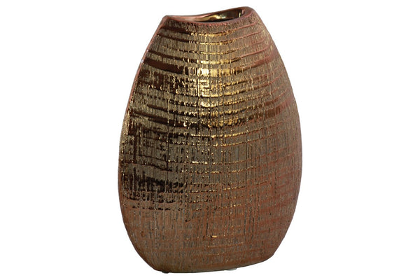 Ceramic Biconvex Crescent Ribbed Design Vase, Distressed Copper Finish-Vases-Brown-Ceramic-Distressed Finish-JadeMoghul Inc.