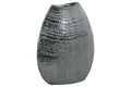 Ceramic Biconvex Crescent Ribbed Design Vase, Distressed Silver Finish-Vases-Silver-Ceramic-Distressed Finish-JadeMoghul Inc.