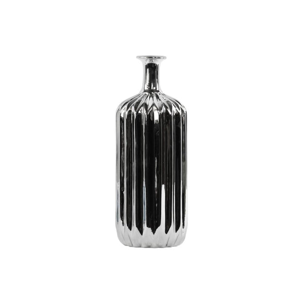 Ceramic Bottle Vase With Corrugated Belly, Silver-Home Accent-Silver-Ceramic-JadeMoghul Inc.