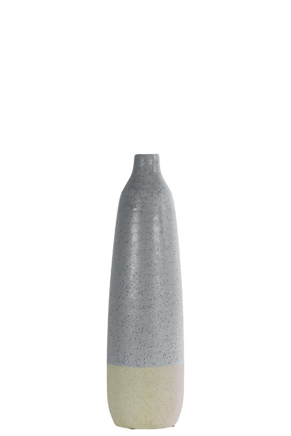 Ceramic Bottle Vase With Cream Banded Rim Bottom, Gray-Vases-Gray-Ceramic-JadeMoghul Inc.