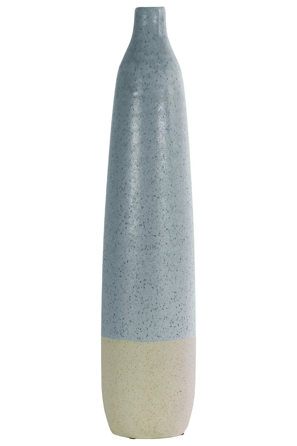 Ceramic Bottle Vase With Cream Banded Rim Bottom, Livid Blue-Vases-Blue-Ceramic-JadeMoghul Inc.