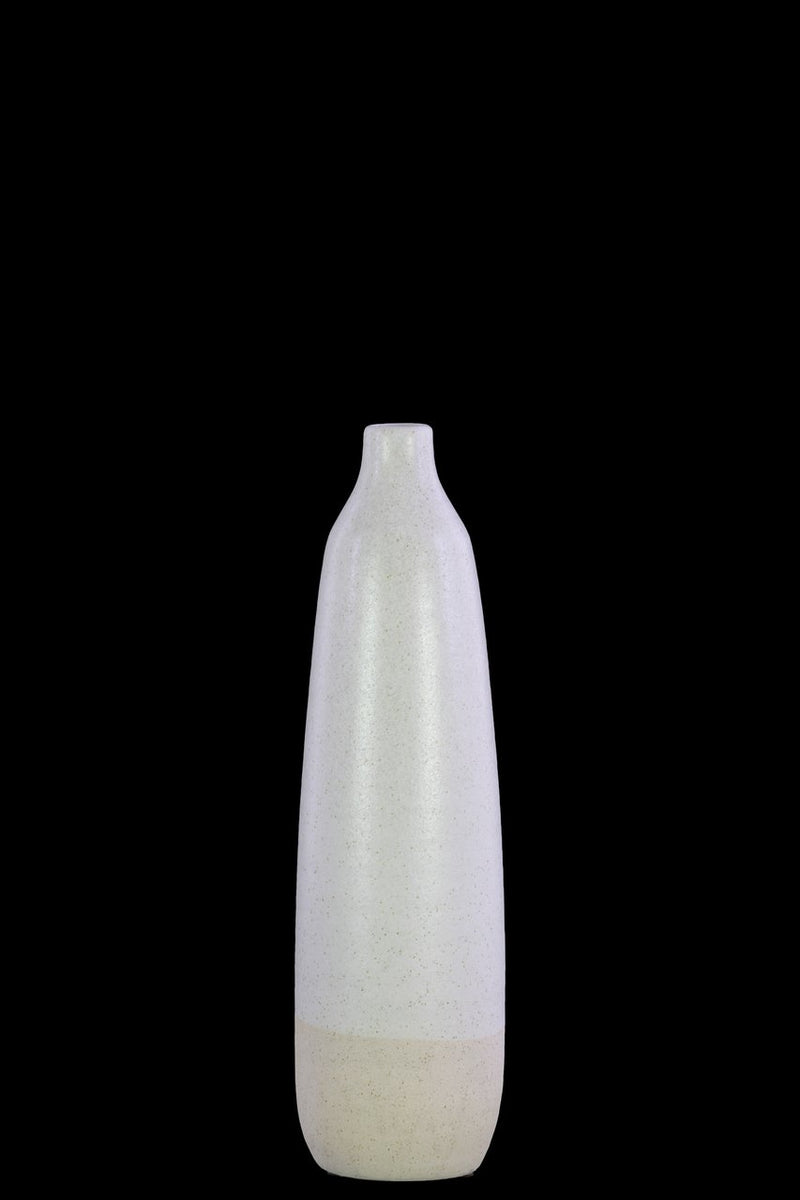 Ceramic Bottle Vase With Cream Banded Rim Bottom, White-Vases-White-Ceramic-JadeMoghul Inc.