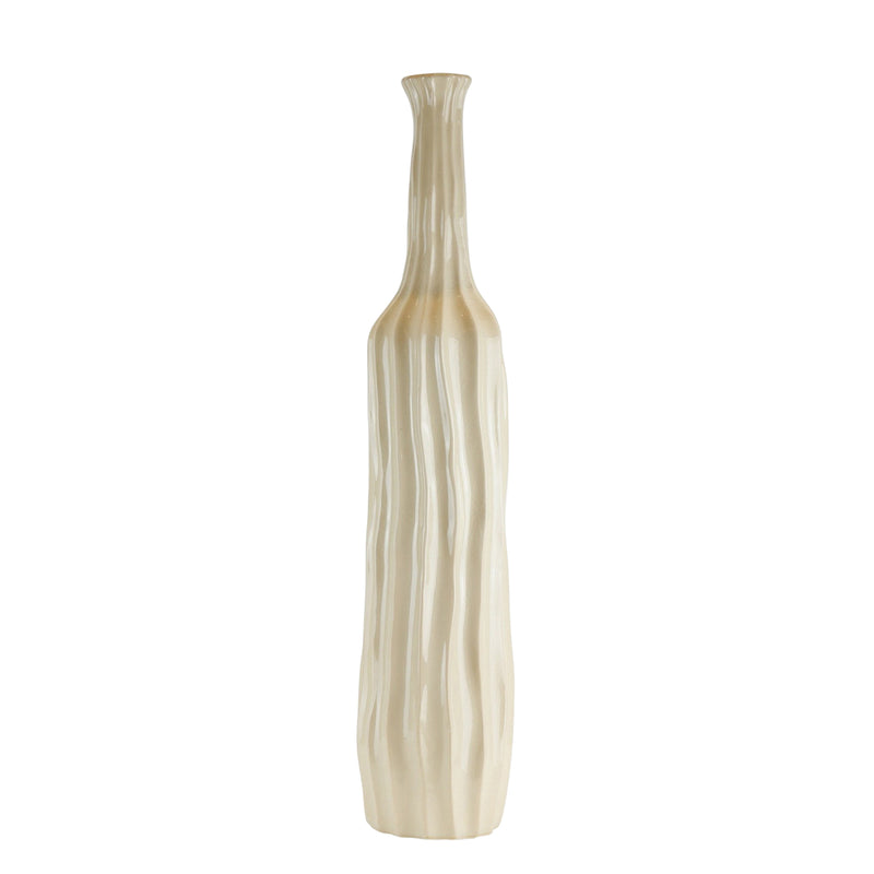 Ceramic Bottle Vase with Embedded Wave Design, Large, Glossy Beige-Vases-Beige-Ceramic-JadeMoghul Inc.