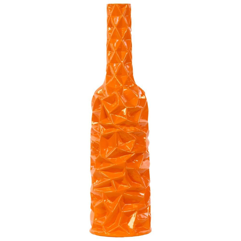 Ceramic Bottle Vase With Wrinkled Sides, Large, Orange-Vases-Orange-Ceramic-Gloss Finish-JadeMoghul Inc.